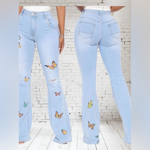 Butterfly Painted Flare Bottom Jeans | Stretch Denim | Size M - Picture 3 of 10
